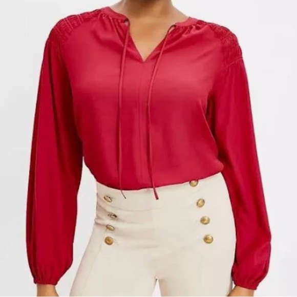 LOFT Shirred Blouse with Tie Front - Picture 1 of 6